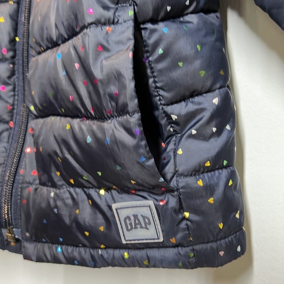 Baby Gap Lightweight Upcycled Puffer Jacket Blue with Foil Rainbow Hearts - Picture 2 of 9